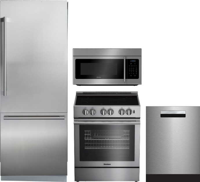 Blomberg 4 Piece Kitchen Appliances Package with Bottom Freezer Refrigerator, Electric Range, Dishwasher and Over the Range Microwave in Stainless Ste