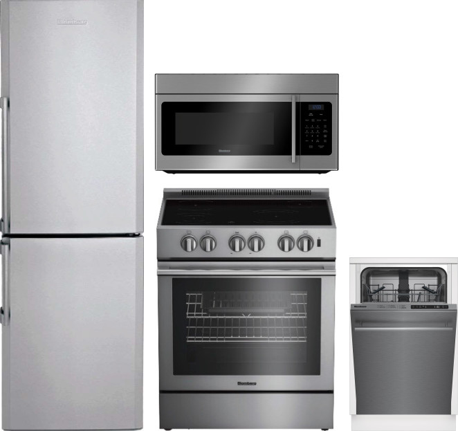 Blomberg 4 Piece Kitchen Appliances Package with Bottom Freezer Refrigerator, Electric Range, Dishwasher and Over the Range Microwave in Stainless Ste