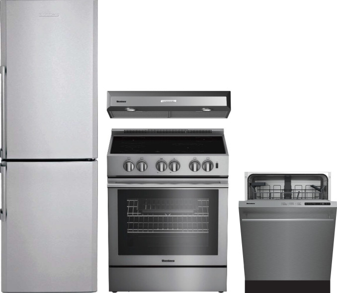 Blomberg 4 Piece Kitchen Appliances Package with Bottom Freezer Refrigerator, Electric Range and Dishwasher in Stainless Steel BLRERADWRH641