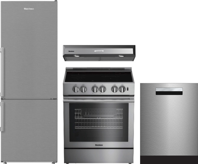 Blomberg 4 Piece Kitchen Appliances Package with Bottom Freezer Refrigerator, Electric Range and Dishwasher in Stainless Steel BLRERADWRH642