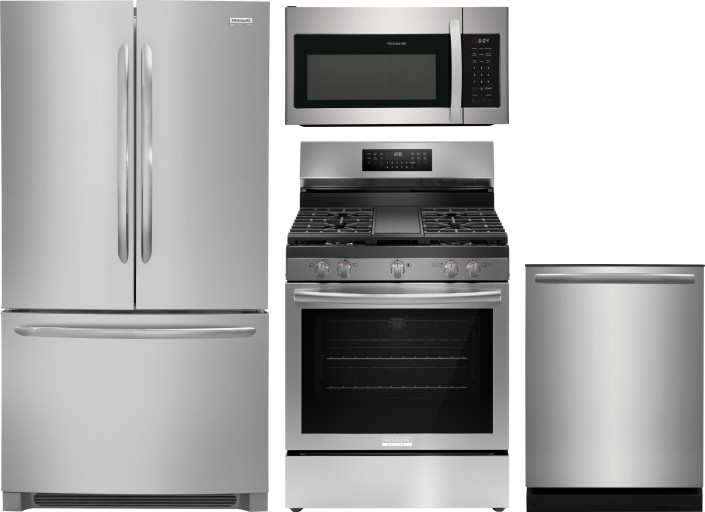 Frigidaire 4 Piece Kitchen Appliances Package with French Door Refrigerator, Gas Range, Dishwasher and Over the Range Microwave in Stainless Steel FRR