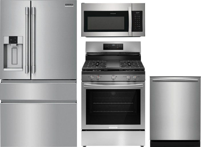 Frigidaire 4 Piece Kitchen Appliances Package with French Door Refrigerator, Gas Range, Dishwasher and Over the Range Microwave in Stainless Steel FRR