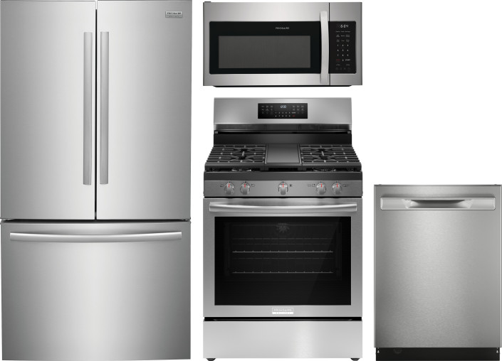 Frigidaire Gallery 4 Piece Kitchen Appliances Package with French Door Refrigerator, Gas Range, Dishwasher and Over the Range Microwave in Stainless S
