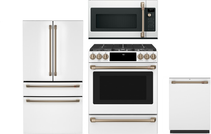 Cafe 4 Piece Kitchen Appliances Package with French Door Refrigerator, Gas Range, Dishwasher and Over the Range Microwave in Matte White CAFRERADWMW11