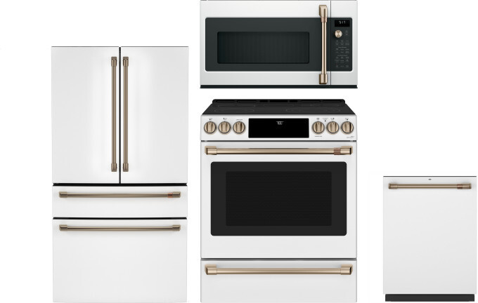 Cafe 4 Piece Kitchen Appliances Package with French Door Refrigerator, Electric Range, Dishwasher and Over the Range Microwave in Matte White CAFRERAD