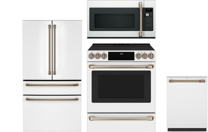 Cafe 4 Piece Kitchen Appliances Package with French Door Refrigerator, Induction Range, Dishwasher and Over the Range Microwave in Matte White CAFRERA