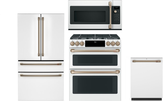 Cafe 4 Piece Kitchen Appliances Package with French Door Refrigerator, Dual Fuel Range, Dishwasher and Over the Range Microwave in Matte White CAFRERA
