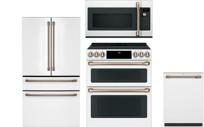 Cafe 4 Piece Kitchen Appliances Package with French Door Refrigerator, Induction Range, Dishwasher and Over the Range Microwave in Matte White CAFRERA