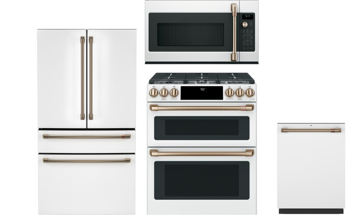 Cafe 4 Piece Kitchen Appliances Package with French Door Refrigerator, Gas Range, Dishwasher and Over the Range Microwave in Matte White CAFRERADWMW11