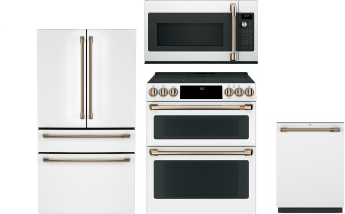 Cafe 4 Piece Kitchen Appliances Package with French Door Refrigerator, Electric Range, Dishwasher and Over the Range Microwave in Matte White CAFRERAD