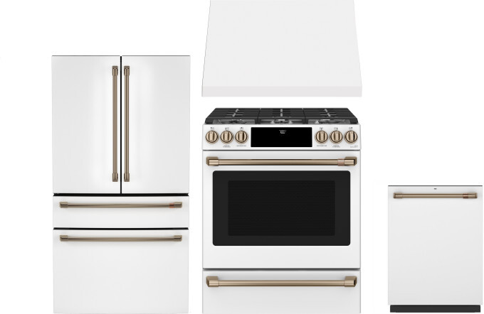 Cafe 4 Piece Kitchen Appliances Package with French Door Refrigerator, Gas Range and Dishwasher in Matte White CAFRERADWRH785