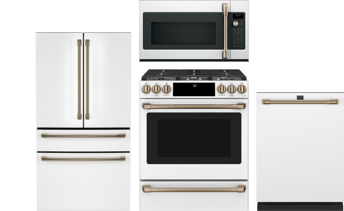 Cafe 4 Piece Kitchen Appliances Package with French Door Refrigerator, Gas Range, Dishwasher and Over the Range Microwave in Matte White CAFRERADWMW11