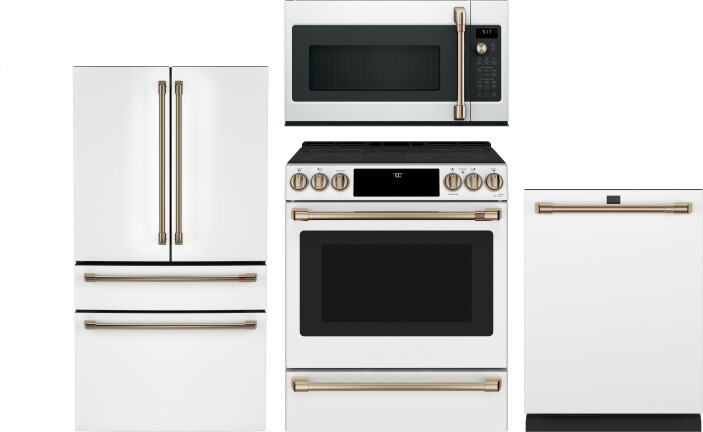 Cafe 4 Piece Kitchen Appliances Package with French Door Refrigerator, Electric Range, Dishwasher and Over the Range Microwave in Matte White CAFRERAD
