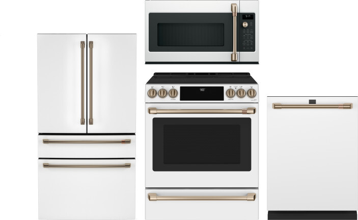 Cafe 4 Piece Kitchen Appliances Package with French Door Refrigerator, Induction Range, Dishwasher and Over the Range Microwave in Matte White CAFRERA