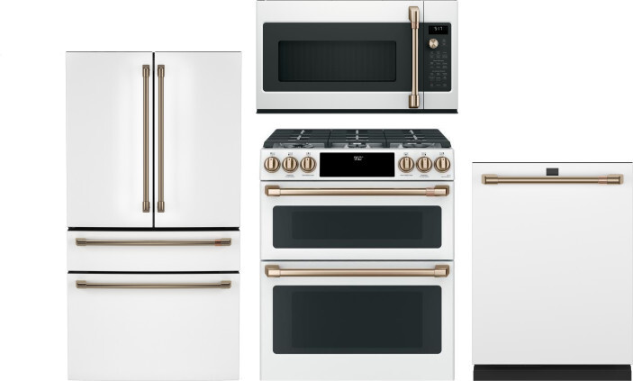 Cafe 4 Piece Kitchen Appliances Package with French Door Refrigerator, Dual Fuel Range, Dishwasher and Over the Range Microwave in Matte White CAFRERA