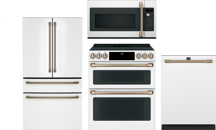 Cafe 4 Piece Kitchen Appliances Package with French Door Refrigerator, Induction Range, Dishwasher and Over the Range Microwave in Matte White CAFRERA