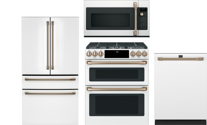 Cafe 4 Piece Kitchen Appliances Package with French Door Refrigerator, Gas Range, Dishwasher and Over the Range Microwave in Matte White CAFRERADWMW11
