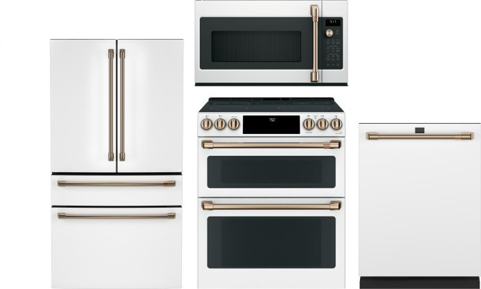 Cafe 4 Piece Kitchen Appliances Package with French Door Refrigerator, Electric Range, Dishwasher and Over the Range Microwave in Matte White CAFRERAD