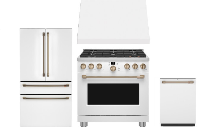 Cafe 4 Piece Kitchen Appliances Package with French Door Refrigerator, Gas Range and Dishwasher in Matte White CAFRERADWRH792