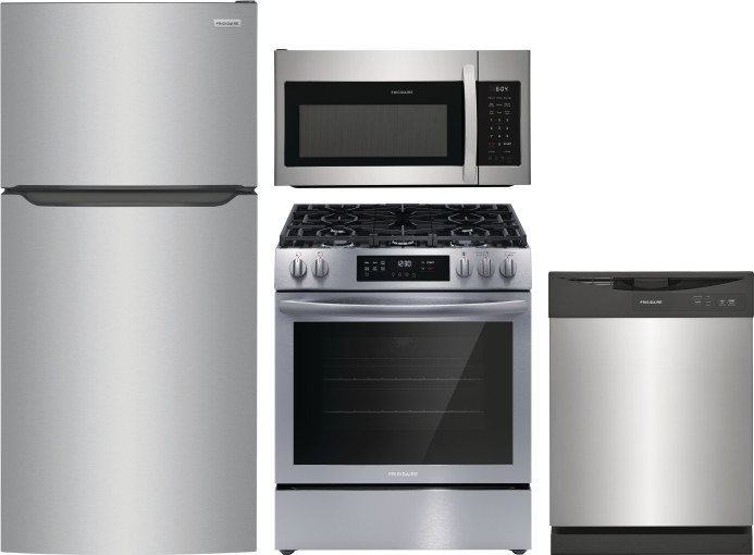 Frigidaire 4 Piece Kitchen Appliances Package with Top Freezer Refrigerator, Gas Range, Dishwasher and Over the Range Microwave in Stainless Steel FRR