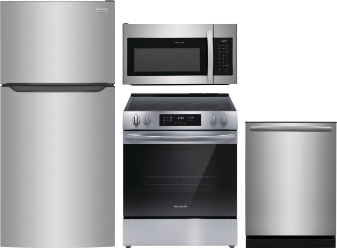 Frigidaire 4 Piece Kitchen Appliances Package with Top Freezer Refrigerator, Electric Range, Dishwasher and Over the Range Microwave in Stainless Stee