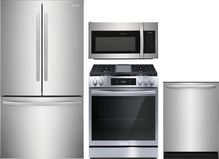 Frigidaire 4 Piece Kitchen Appliances Package with French Door Refrigerator, Gas Range, Dishwasher and Over the Range Microwave in Stainless Steel FRR