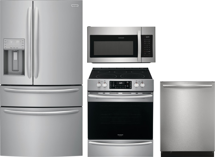 Frigidaire 4 Piece Kitchen Appliances Package with French Door Refrigerator, Electric Range, Dishwasher and Over the Range Microwave in Stainless Stee