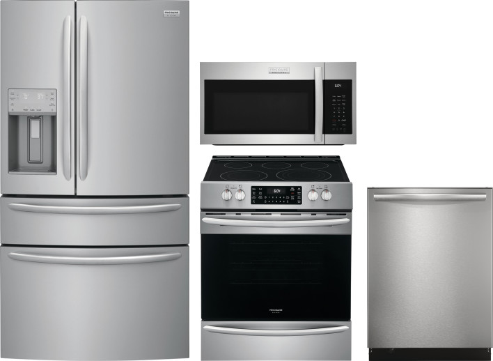 Frigidaire Gallery 4 Piece Kitchen Appliances Package with French Door Refrigerator, Electric Range, Dishwasher and Over the Range Microwave in Stainl