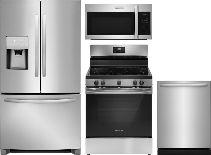 Frigidaire 4 Piece Kitchen Appliances Package with French Door Refrigerator, Electric Range, Dishwasher and Over the Range Microwave in Stainless Stee