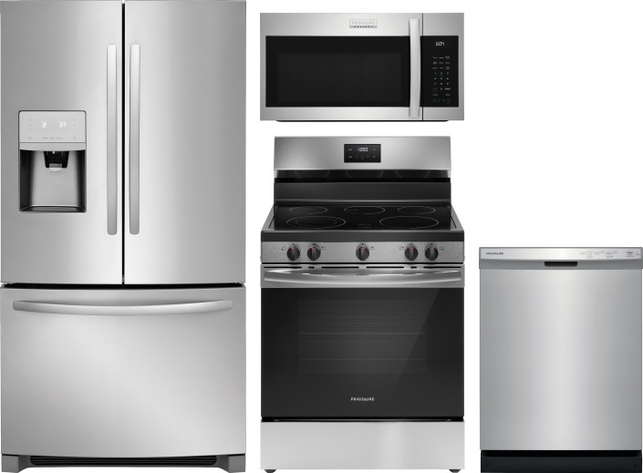 Frigidaire 4 Piece Kitchen Appliances Package with French Door Refrigerator, Electric Range, Dishwasher and Over the Range Microwave in Stainless Stee