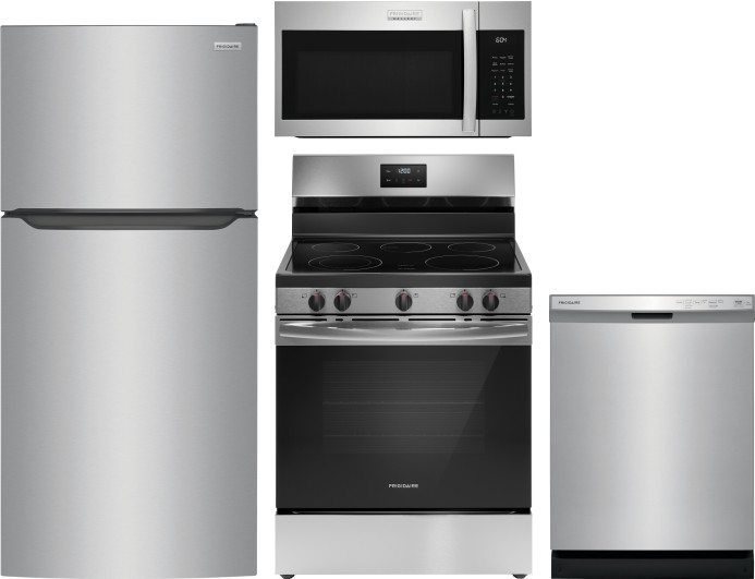 Frigidaire 4 Piece Kitchen Appliances Package with Top Freezer Refrigerator, Electric Range, Dishwasher and Over the Range Microwave in Stainless Stee