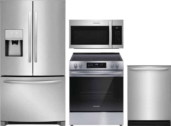 Frigidaire 4 Piece Kitchen Appliances Package with French Door Refrigerator, Electric Range, Dishwasher and Over the Range Microwave in Stainless Stee