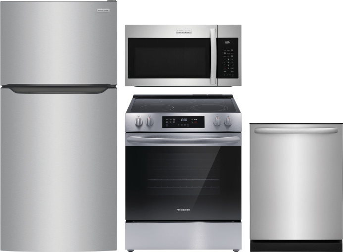 Frigidaire 4 Piece Kitchen Appliances Package with Top Freezer Refrigerator, Electric Range, Dishwasher and Over the Range Microwave in Stainless Stee