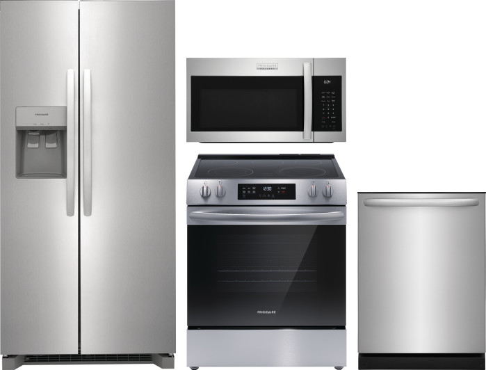 Frigidaire 4 Piece Kitchen Appliances Package with Side-by-Side Refrigerator, Electric Range, Dishwasher and Over the Range Microwave in Stainless Ste