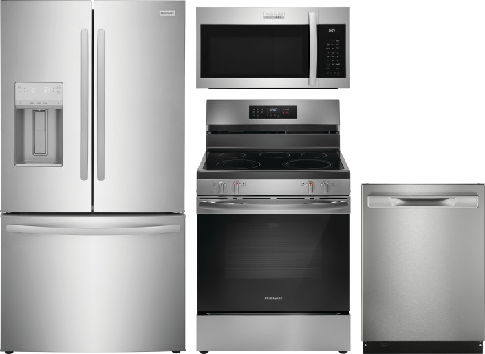 Frigidaire Gallery 4 Piece Kitchen Appliances Package with French Door Refrigerator, Electric Range, Dishwasher and Over the Range Microwave in Stainl