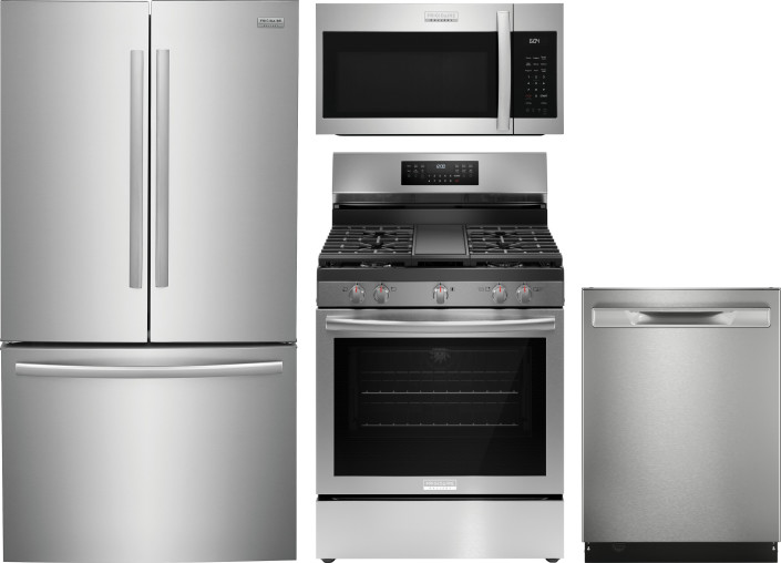 Frigidaire Gallery 4 Piece Kitchen Appliances Package with French Door Refrigerator, Gas Range, Dishwasher and Over the Range Microwave in Stainless S
