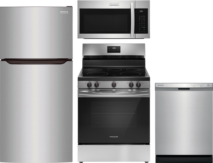 Frigidaire 4 Piece Kitchen Appliances Package with Top Freezer Refrigerator, Electric Range, Dishwasher and Over the Range Microwave in Stainless Stee