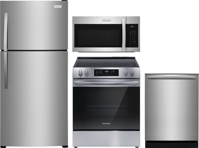 Frigidaire 4 Piece Kitchen Appliances Package with Top Freezer Refrigerator, Electric Range, Dishwasher and Over the Range Microwave in Stainless Stee