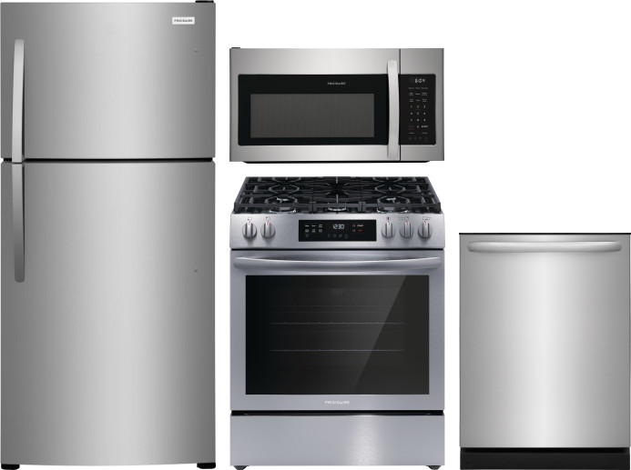 Frigidaire 4 Piece Kitchen Appliances Package with Top Freezer Refrigerator, Gas Range, Dishwasher and Over the Range Microwave in Stainless Steel FRR