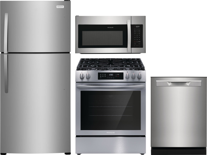 Frigidaire 4 Piece Kitchen Appliances Package with Top Freezer Refrigerator, Gas Range, Dishwasher and Over the Range Microwave in Stainless Steel FRR