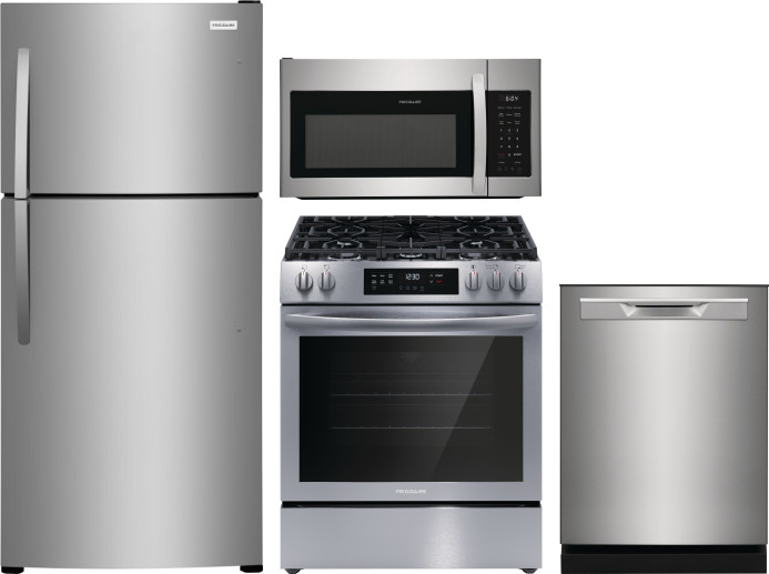 Frigidaire 4 Piece Kitchen Appliances Package with Top Freezer Refrigerator, Gas Range, Dishwasher and Over the Range Microwave in Stainless Steel FRR -  FRRERADWMW888961994