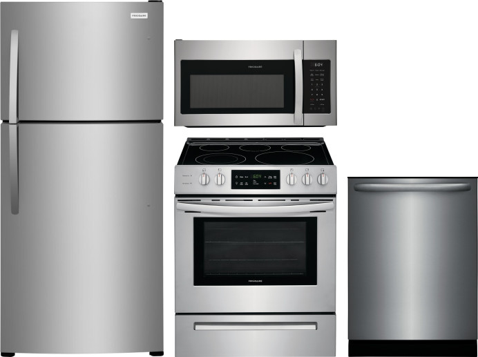 Frigidaire 4 Piece Kitchen Appliances Package with Top Freezer Refrigerator, Electric Range, Dishwasher and Over the Range Microwave in Stainless Stee -  FRRERADWMW888961995