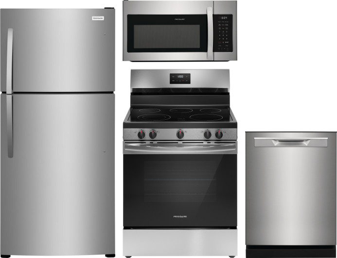Frigidaire 4 Piece Kitchen Appliances Package with Top Freezer Refrigerator, Electric Range, Dishwasher and Over the Range Microwave in Stainless Stee