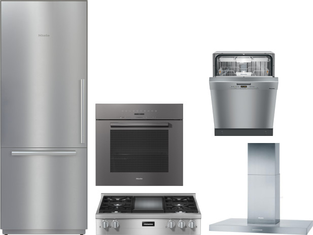 Miele 5 Piece Kitchen Appliances Package with Bottom Freezer Refrigerator and Dishwasher in Stainless Steel MIRECTWODWRH560