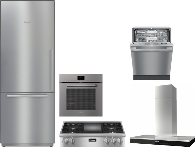 Miele 5 Piece Kitchen Appliances Package with Bottom Freezer Refrigerator and Dishwasher in Stainless Steel MIRECTWODWRH561