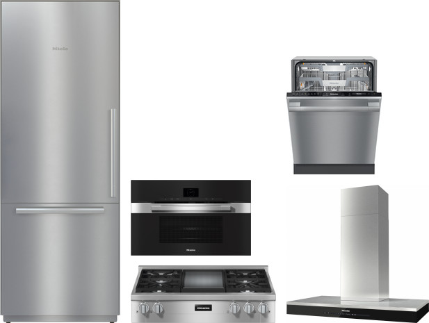 Miele 5 Piece Kitchen Appliances Package with Bottom Freezer Refrigerator and Dishwasher in Stainless Steel MIRECTWODWRH565
