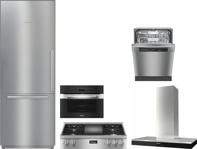Miele 5 Piece Kitchen Appliances Package with Bottom Freezer Refrigerator and Dishwasher in Stainless Steel MIRECTWODWRH567