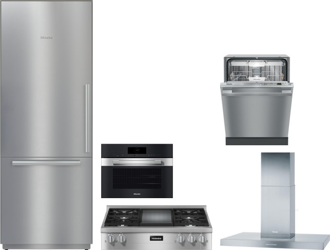 Miele 5 Piece Kitchen Appliances Package with Bottom Freezer Refrigerator and Dishwasher in Stainless Steel MIRECTWODWRH568