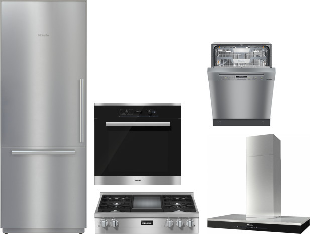 Miele 5 Piece Kitchen Appliances Package with Bottom Freezer Refrigerator and Dishwasher in Stainless Steel MIRECTWODWRH569