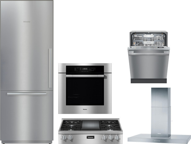 Miele 5 Piece Kitchen Appliances Package with Bottom Freezer Refrigerator and Dishwasher in Stainless Steel MIRECTWODWRH571